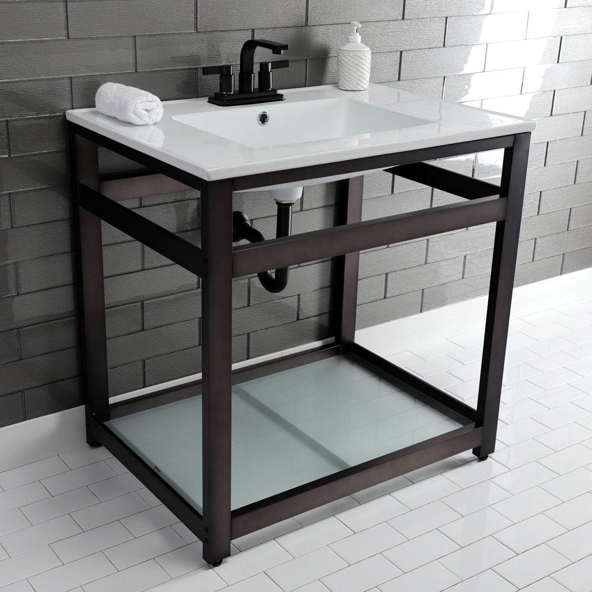 Fauceture VWP3122W4B5 31-Inch Ceramic Console Sink Set, White/Oil Rubbed Bronze