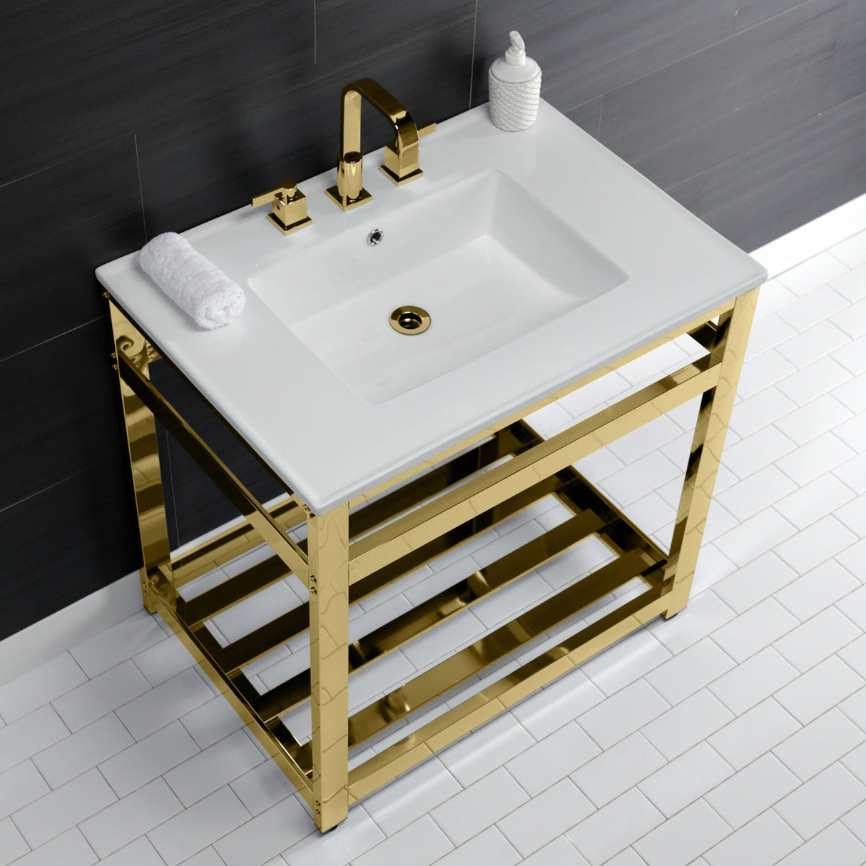 Fauceture VWP3122W8A2 31-Inch Ceramic Console Sink Set, White/Polished Brass