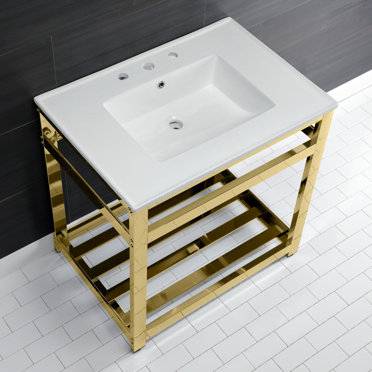 Fauceture VWP3122W8A2 31-Inch Ceramic Console Sink Set, White/Polished Brass