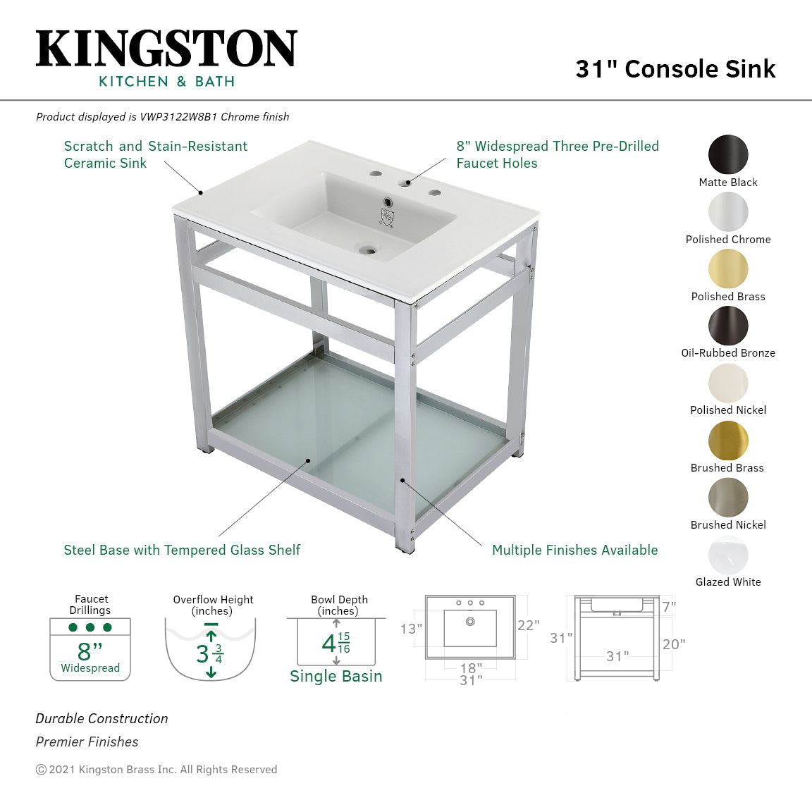 Fauceture VWP3122W8B1 31-Inch Ceramic Console Sink Set, White/Chrome