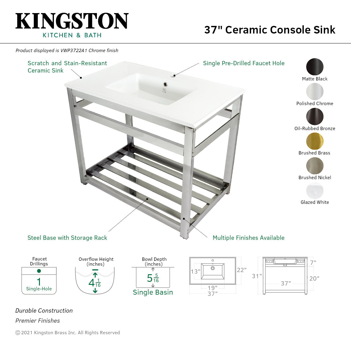 Quadras VWP3722A0 37-Inch Ceramic Console Sink Set, White/Matte Black