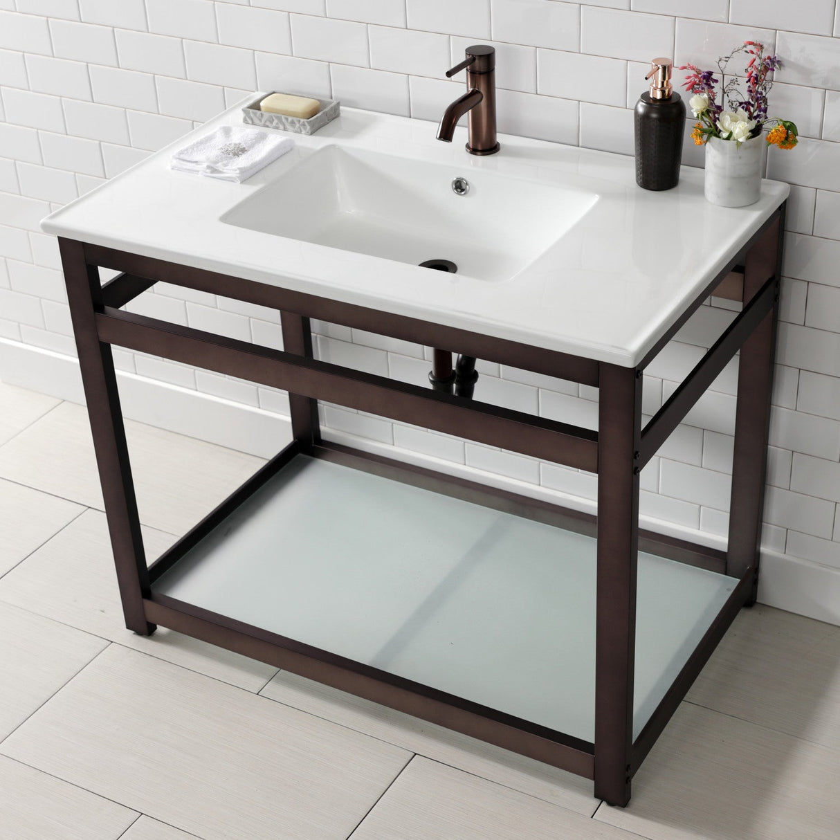 Quadras VWP3722B5 37-Inch Ceramic Console Sink Set, White/Oil Rubbed Bronze