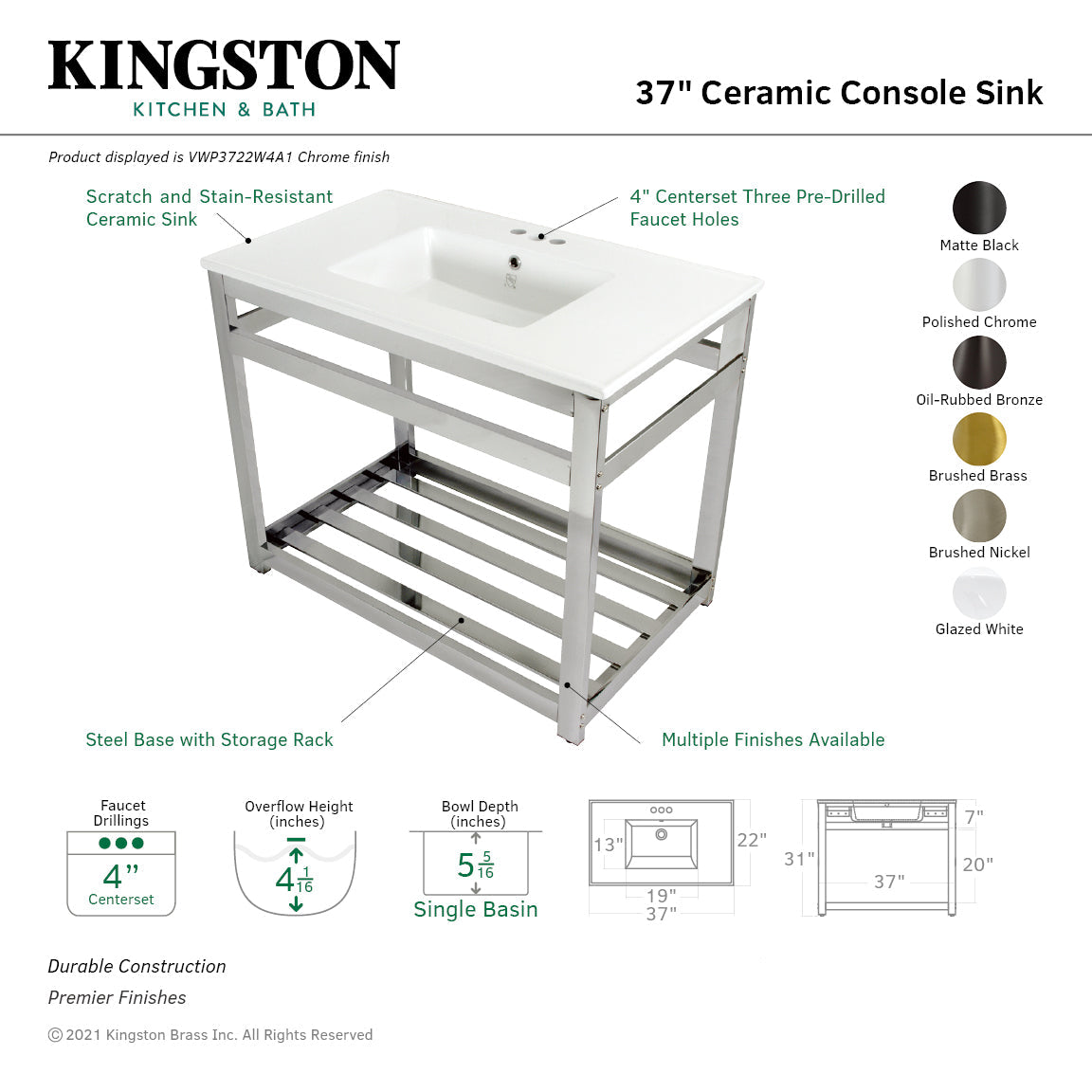 Quadras VWP3722W4A5 37-Inch Ceramic Console Sink Set, White/Oil Rubbed Bronze