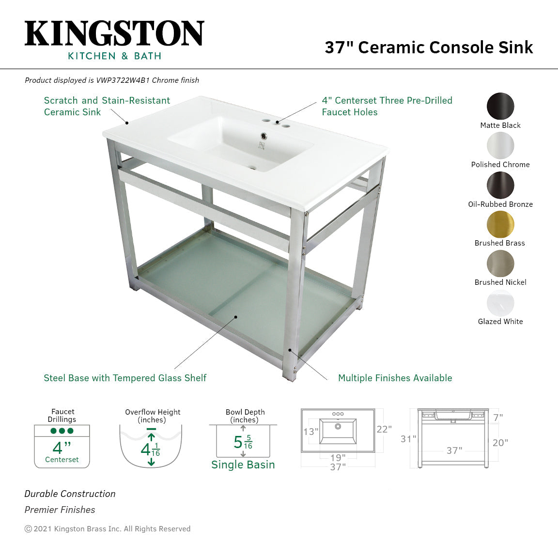 Quadras VWP3722W4B1 37-Inch Ceramic Console Sink Set, White/Polished Chrome