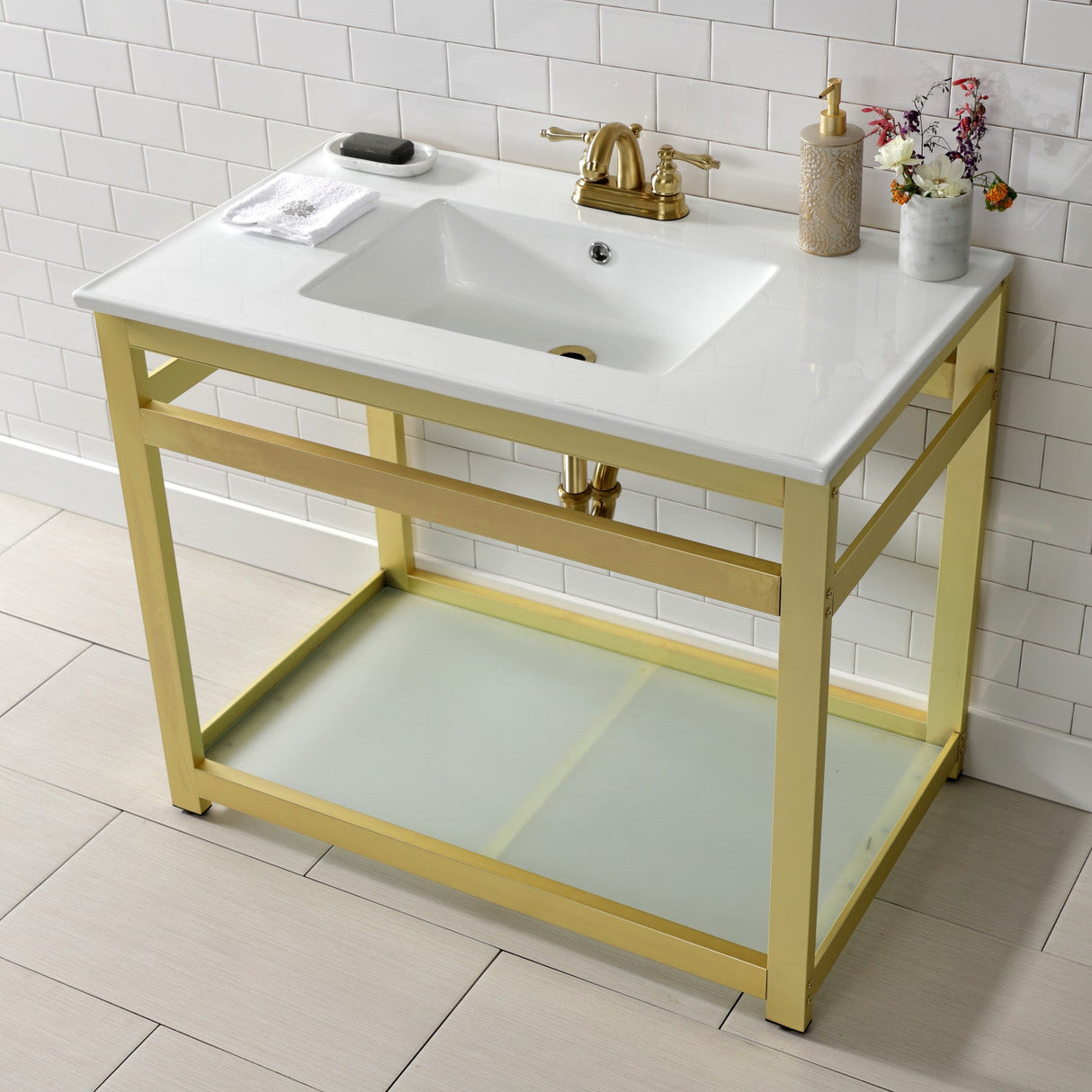 Quadras VWP3722W4B7 37-Inch Ceramic Console Sink Set, White/Brushed Brass