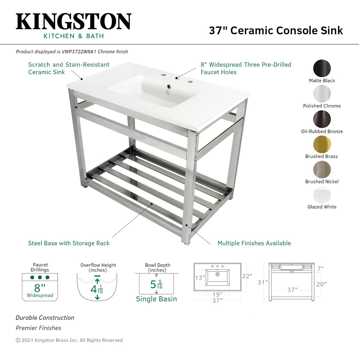 Quadras VWP3722W8A0 37-Inch Ceramic Console Sink Set, White/Matte Black