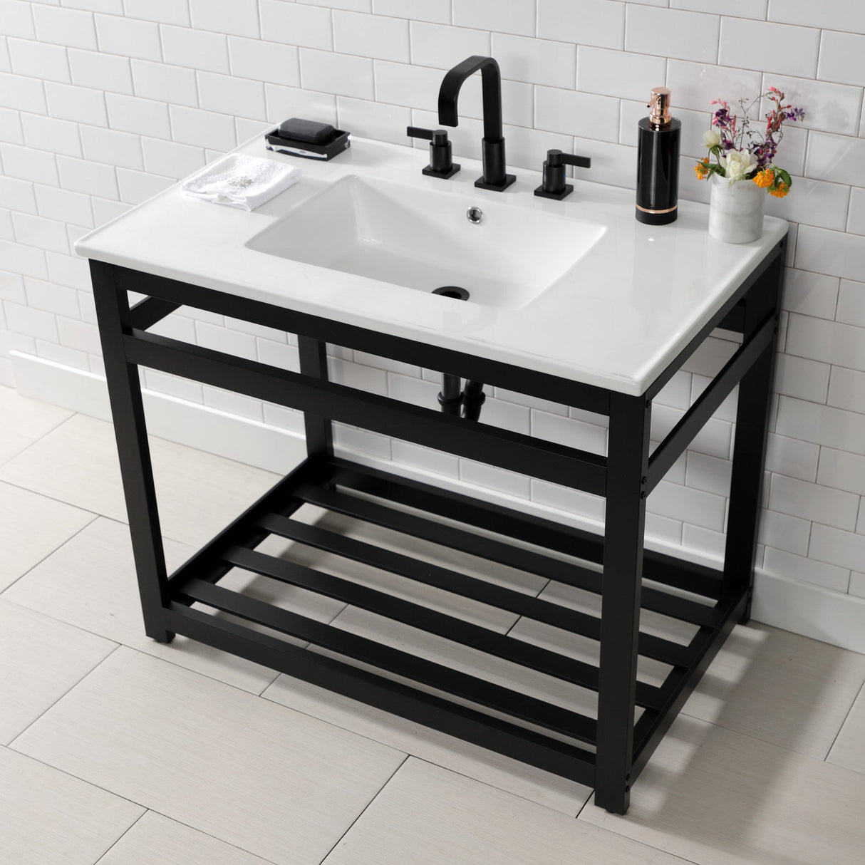 Quadras VWP3722W8A0 37-Inch Ceramic Console Sink Set, White/Matte Black