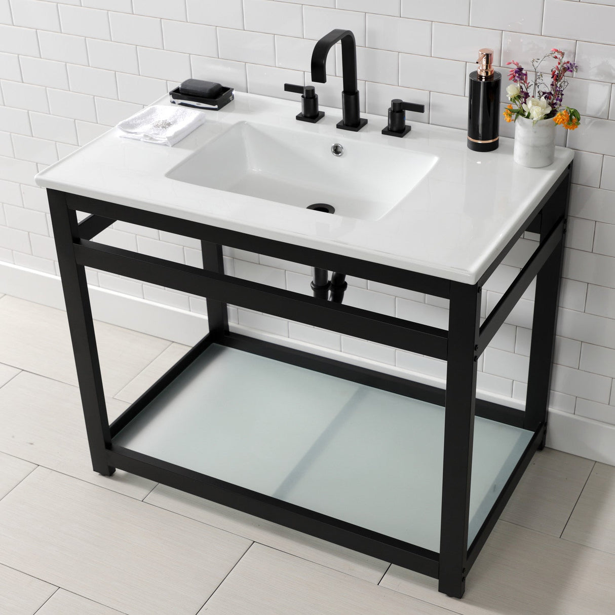 Quadras VWP3722W8B0 37-Inch Ceramic Console Sink Set, White/Matte Black