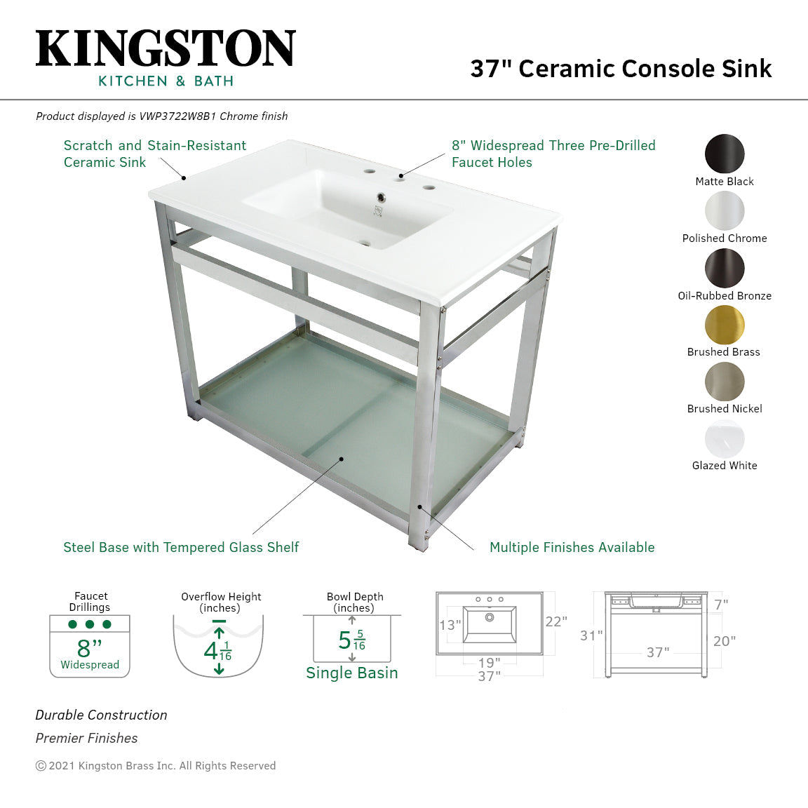 Quadras VWP3722W8B1 37-Inch Ceramic Console Sink Set, White/Polished Chrome