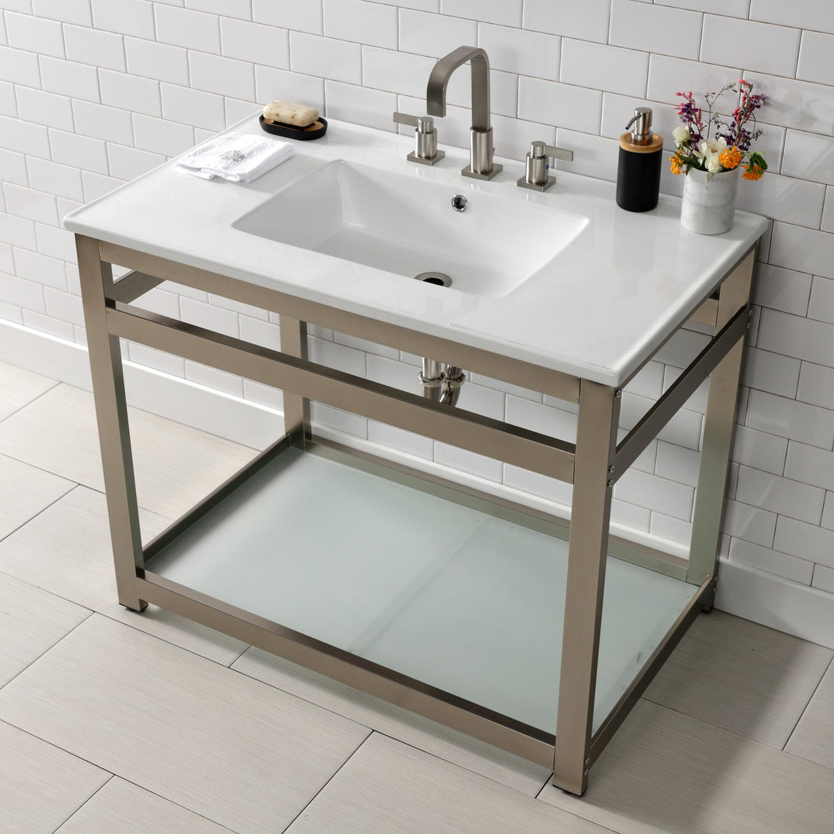 Quadras VWP3722W8B8 37-Inch Ceramic Console Sink Set, White/Brushed Nickel