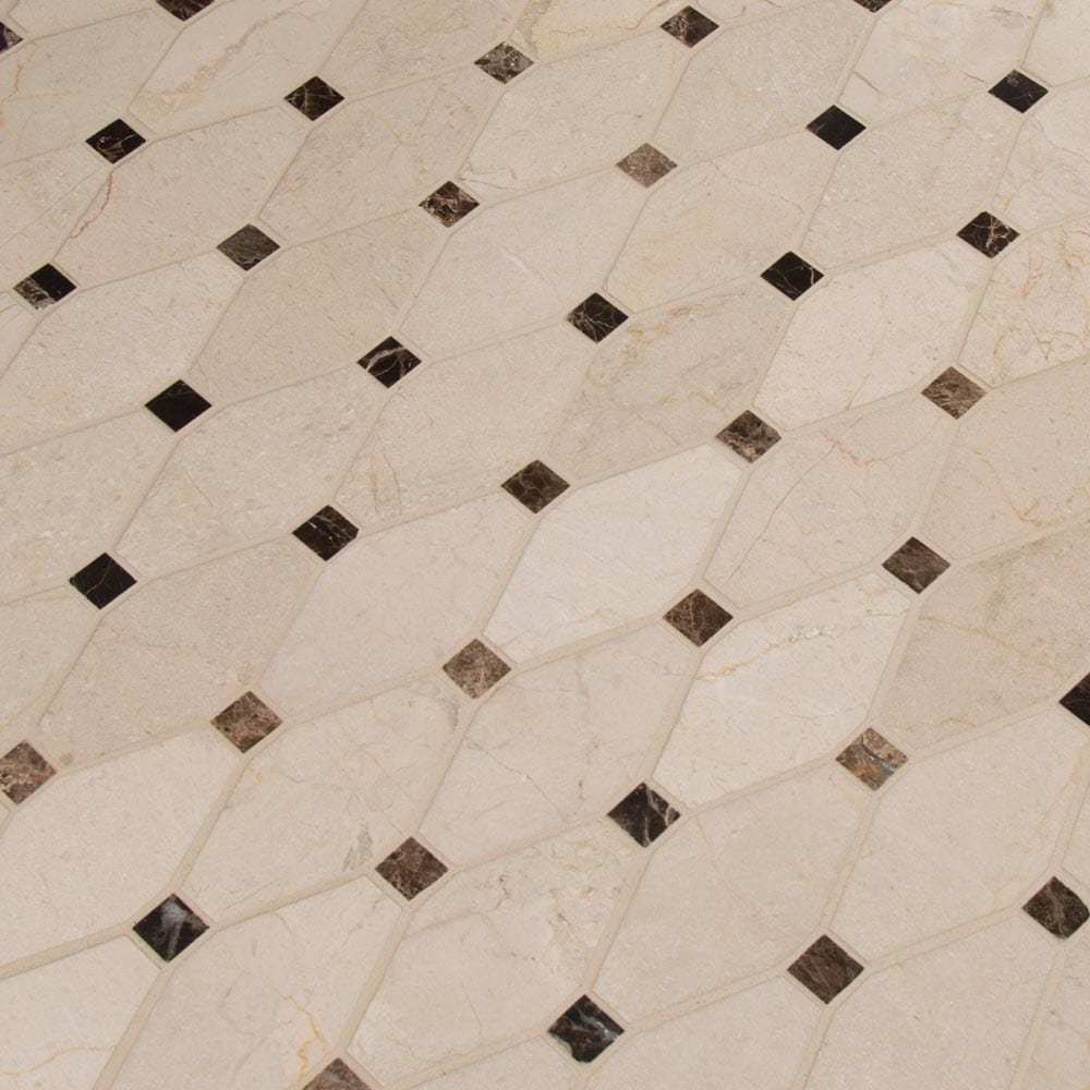 Valencia blend elongated octagon 11.81X13.4 polished marble mesh mounted mosaic tile SMOT-VALBLND-OCTEL10MM product shot multiple tiles angle view
