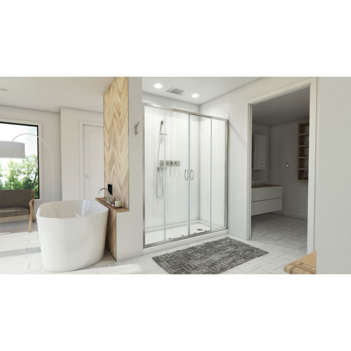 DreamLine Visions 32 in. D x 60 in. W x 78 3/4 in. H Sliding Shower Door, Base, and White Wall Kit in Brushed Nickel