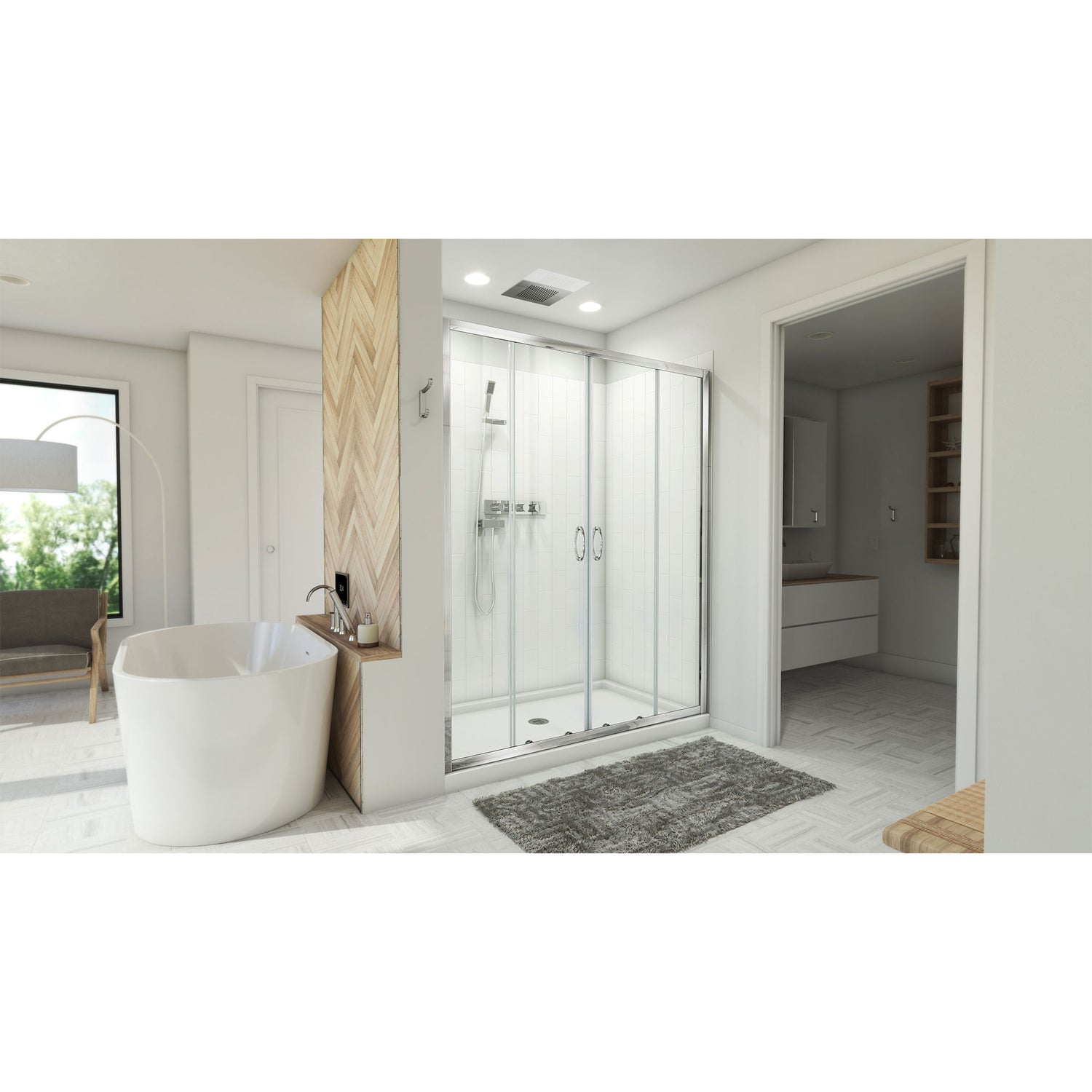 DreamLine Visions 36 in. D x 60 in. W x 78 3/4 in. H Sliding Shower Door, Base, and White Wall Kit in Chrome