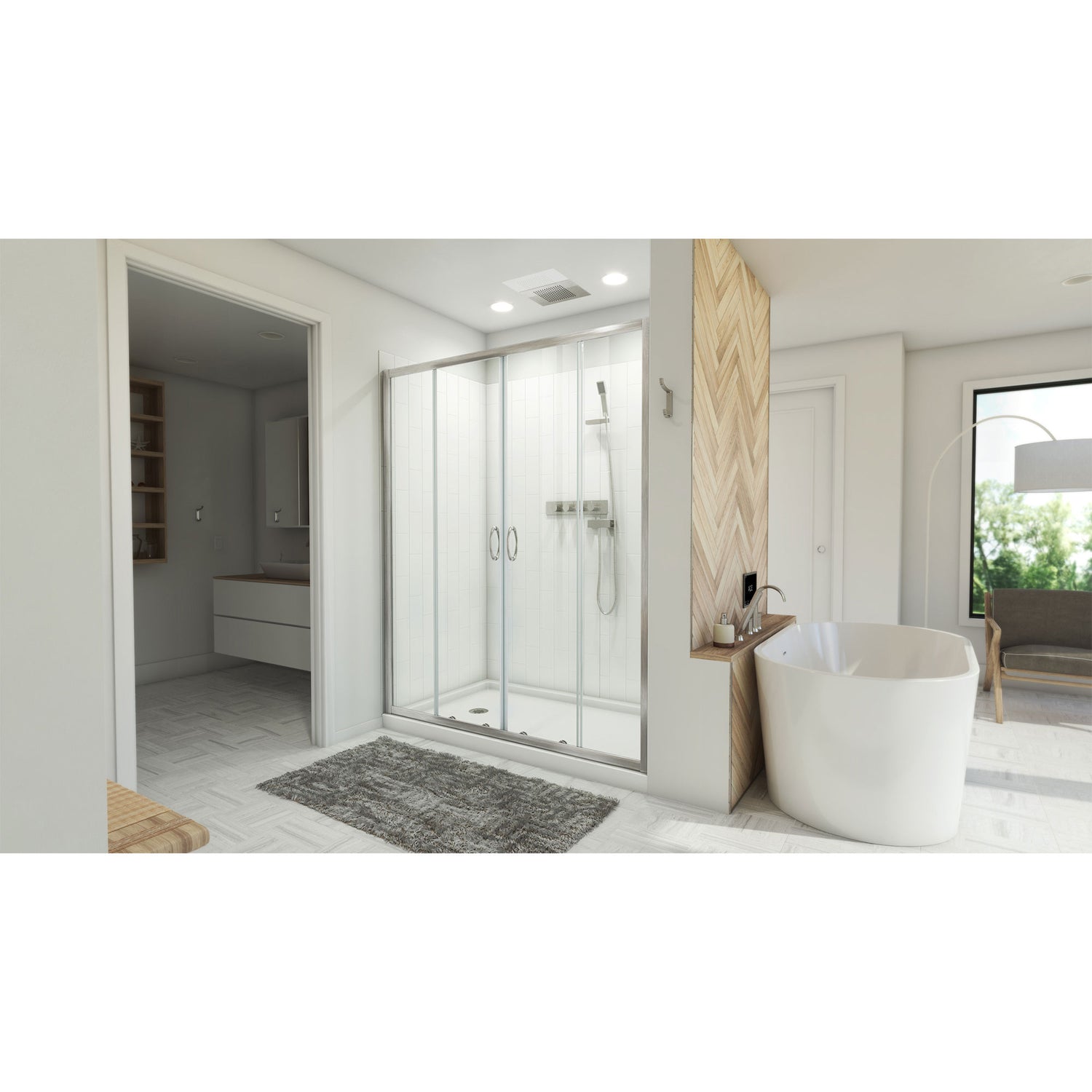 DreamLine Visions 36 in. D x 60 in. W x 78 3/4 in. H Sliding Shower Door, Base, and White Wall Kit in Brushed Nickel