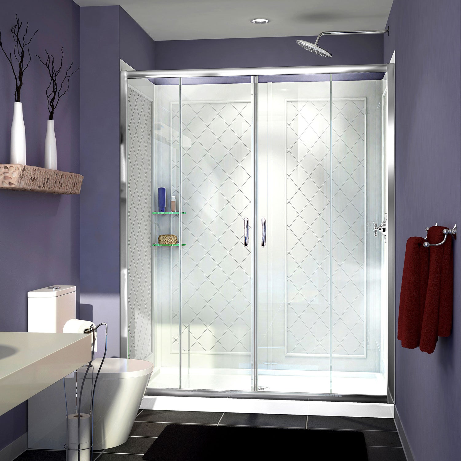 DreamLine Visions 34 in. D x 60 in. W x 76 3/4 in. H Sliding Shower Door in Chrome with Center Drain White Base, Wall Kit