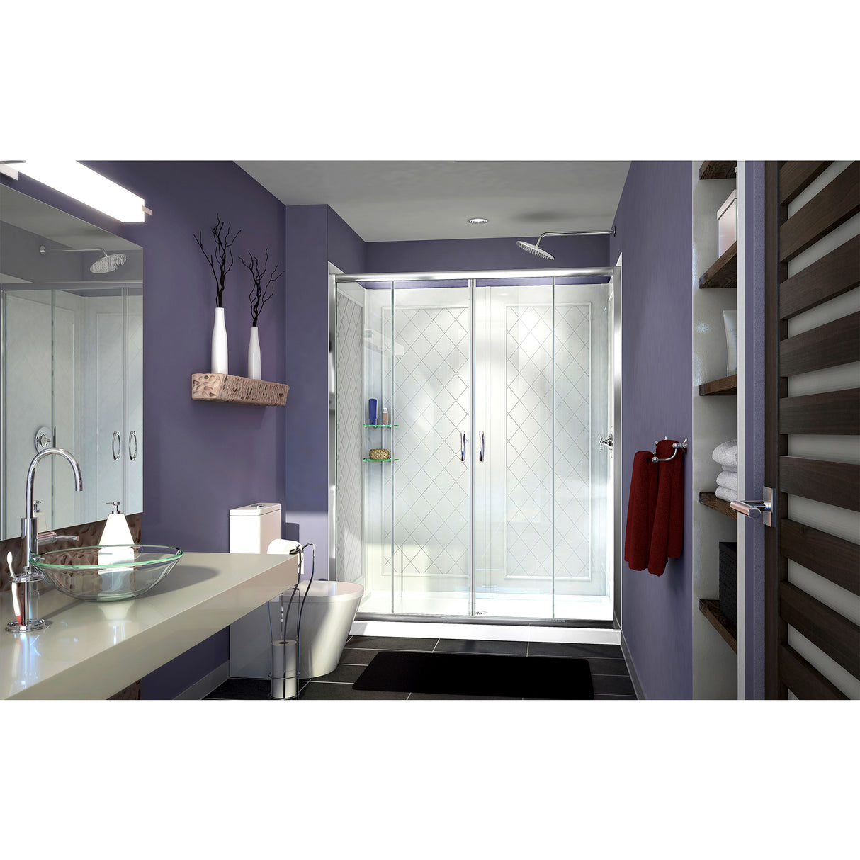 DreamLine Visions 36 in. D x 60 in. W x 76 3/4 in. H Sliding Shower Door in Chrome with Center Drain White Base, Wall Kit