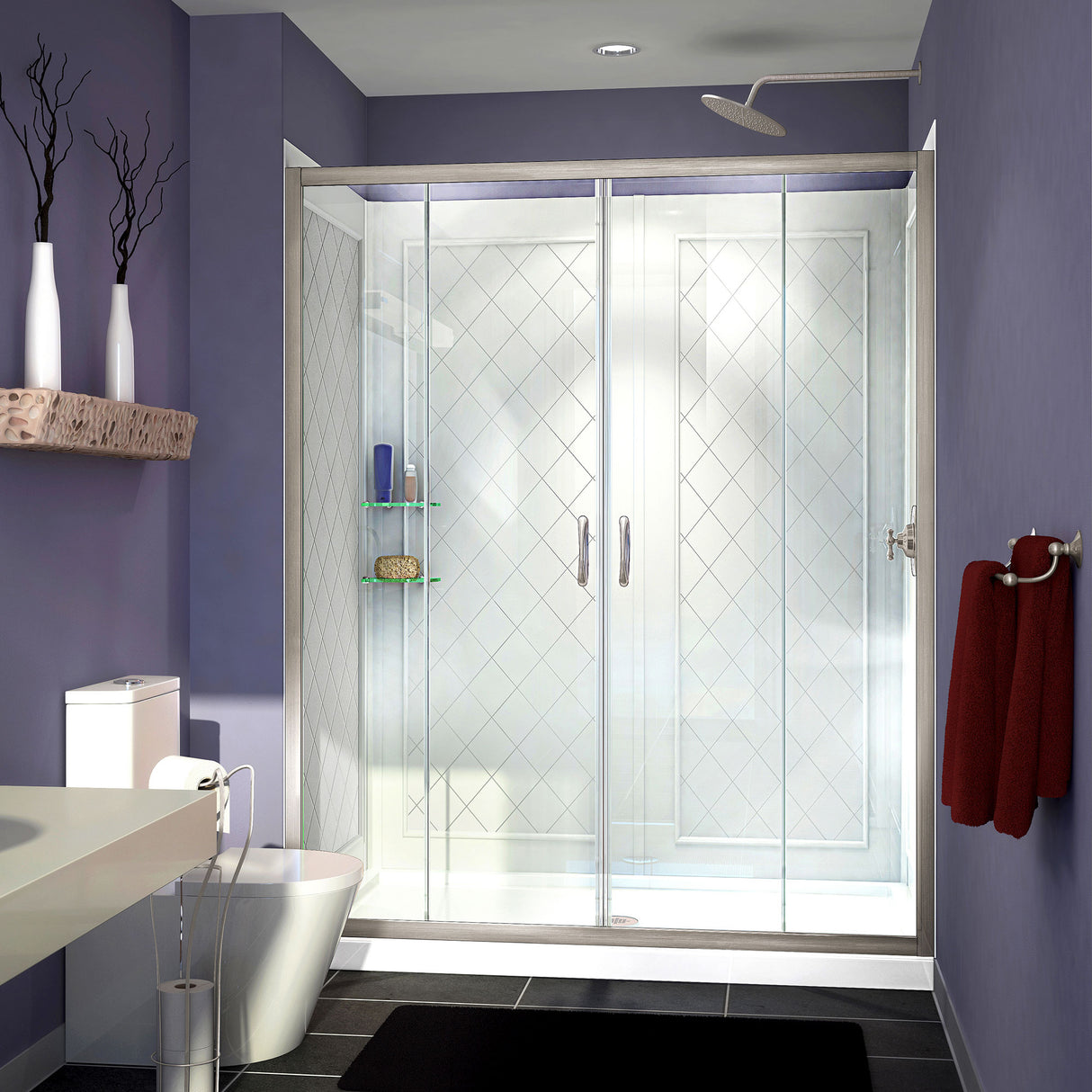 DreamLine Visions 34 in. D x 60 in. W x 76 3/4 in. H Sliding Shower Door in Brushed Nickel with Center Drain White Base, Wall Kit