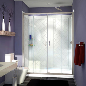 DreamLine Visions 30 in. D x 60 in. W x 76 3/4 in. H Sliding Shower Door in Brushed Nickel with Center Drain White Base, Wall Kit