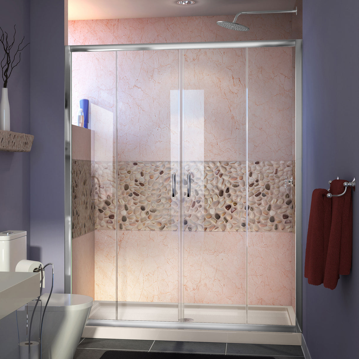 DreamLine Visions 36 in. D x 60 in. W x 74 3/4 in. H Sliding Shower Door in Chrome with Center Drain Biscuit Shower Base