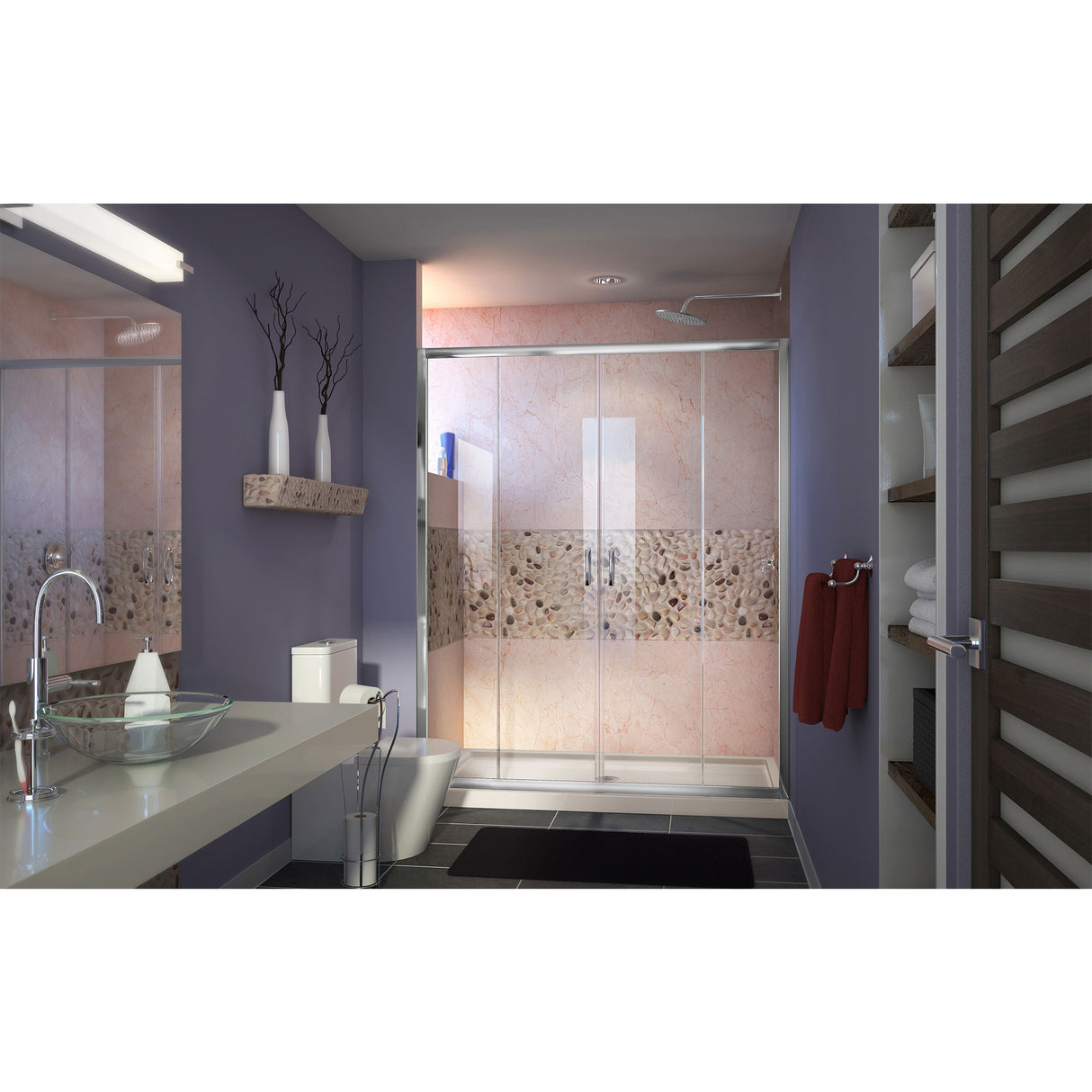 DreamLine Visions 36 in. D x 60 in. W x 74 3/4 in. H Sliding Shower Door in Chrome with Center Drain Biscuit Shower Base