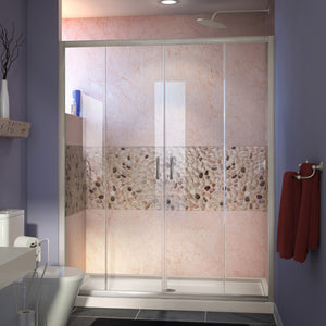 DreamLine Visions 32 in. D x 60 in. W x 74 3/4 in. H Sliding Shower Door in Brushed Nickel with Center Drain Biscuit Shower Base