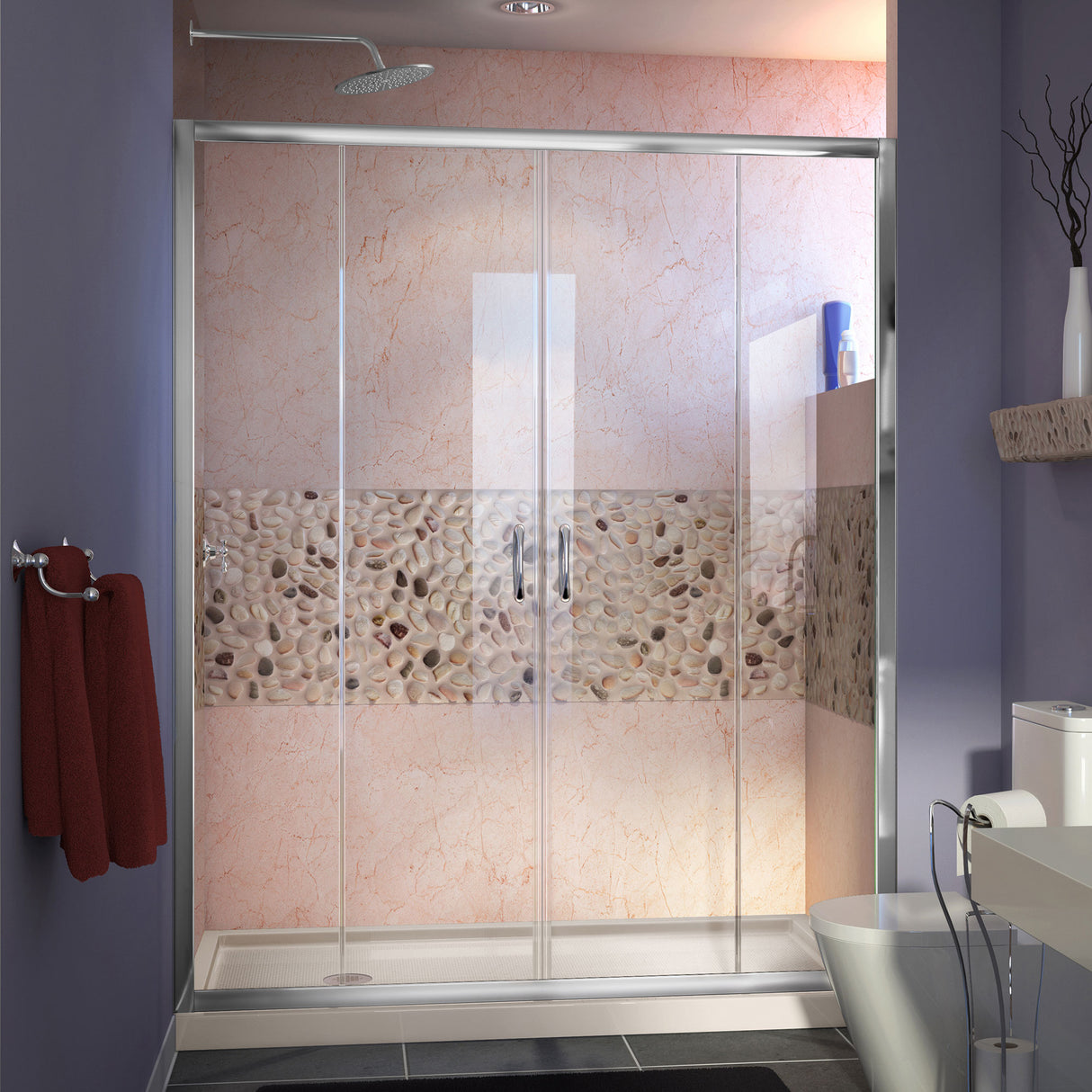 DreamLine Visions 32 in. D x 60 in. W x 74 3/4 in. H Sliding Shower Door in Chrome with Left Drain Biscuit Shower Base