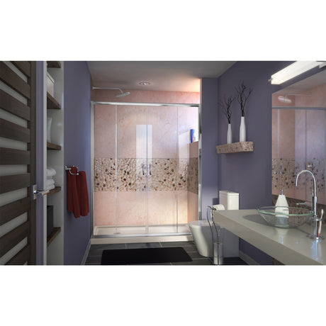 DreamLine Visions 36 in. D x 60 in. W x 74 3/4 in. H Sliding Shower Door in Chrome with Left Drain Biscuit Shower Base