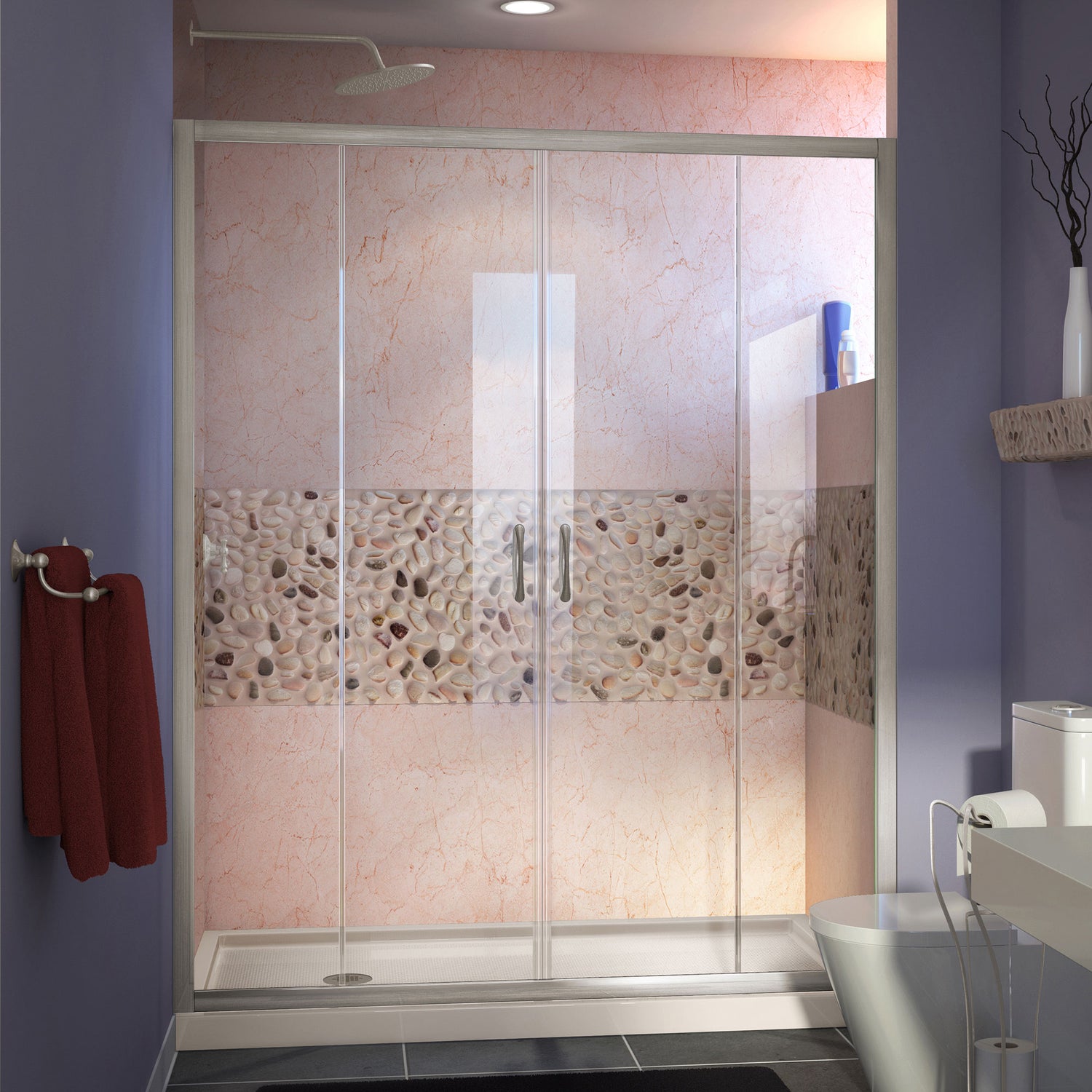 DreamLine Visions 36 in. D x 60 in. W x 74 3/4 in. H Sliding Shower Door in Brushed Nickel with Left Drain Biscuit Shower Base