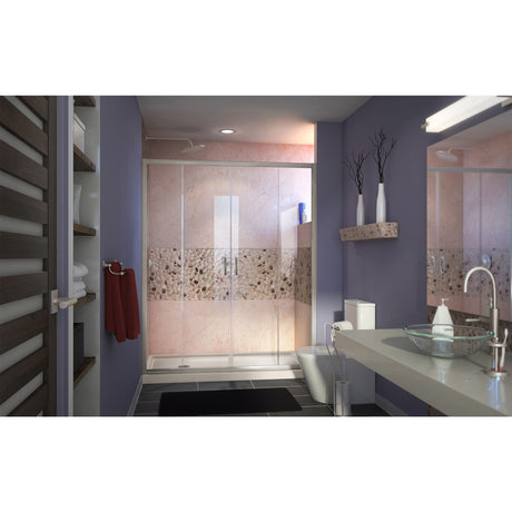 DreamLine Visions 30 in. D x 60 in. W x 74 3/4 in. H Sliding Shower Door in Brushed Nickel with Left Drain Biscuit Shower Base