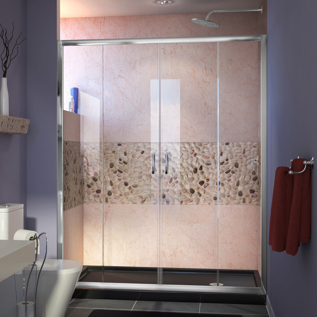 DreamLine Visions 36 in. D x 60 in. W x 74 3/4 in. H Sliding Shower Door in Chrome with Right Drain Black Shower Base