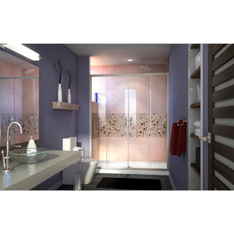 DreamLine Visions 34 in. D x 60 in. W x 74 3/4 in. H Sliding Shower Door in Brushed Nickel with Center Drain White Shower Base