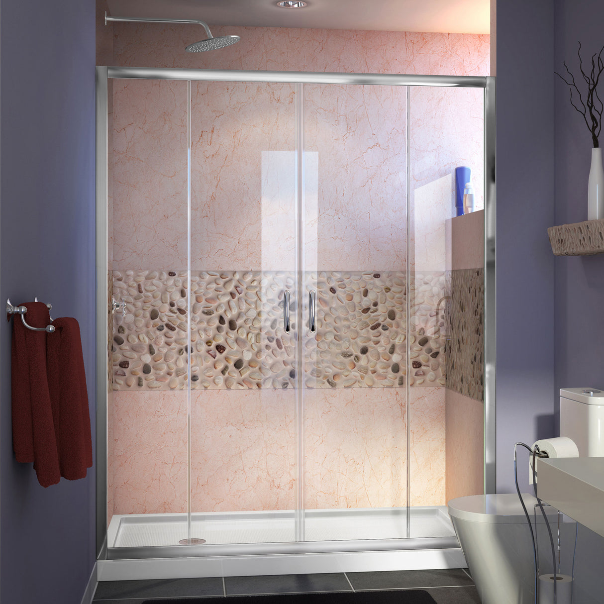 DreamLine Visions 34 in. D x 60 in. W x 74 3/4 in. H Sliding Shower Door in Chrome with Left Drain White Shower Base