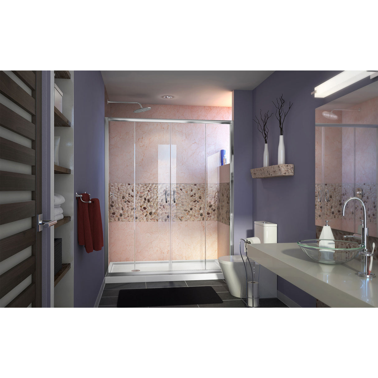 DreamLine Visions 34 in. D x 60 in. W x 74 3/4 in. H Sliding Shower Door in Chrome with Left Drain White Shower Base