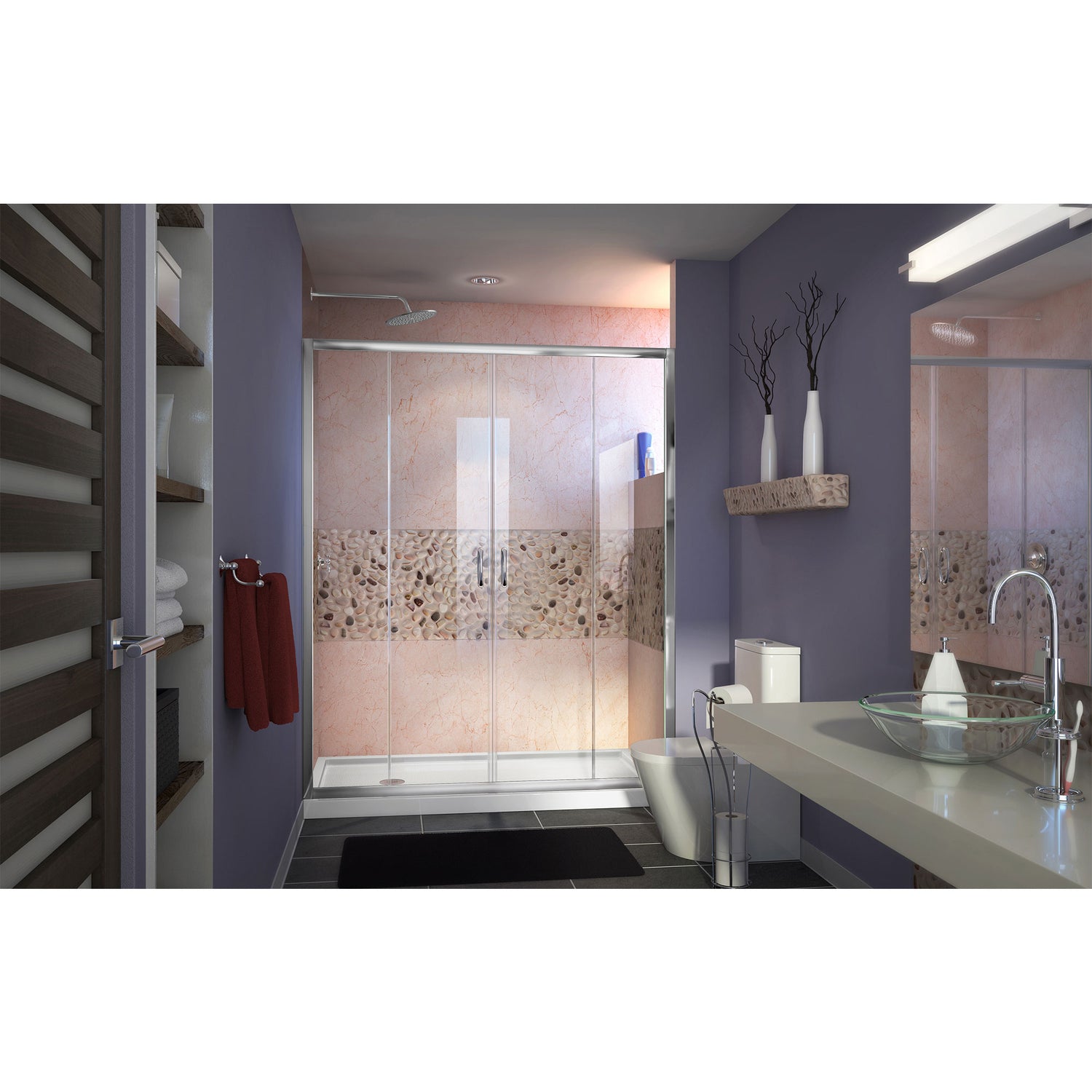 DreamLine Visions 32 in. D x 60 in. W x 74 3/4 in. H Sliding Shower Door in Chrome with Left Drain White Shower Base