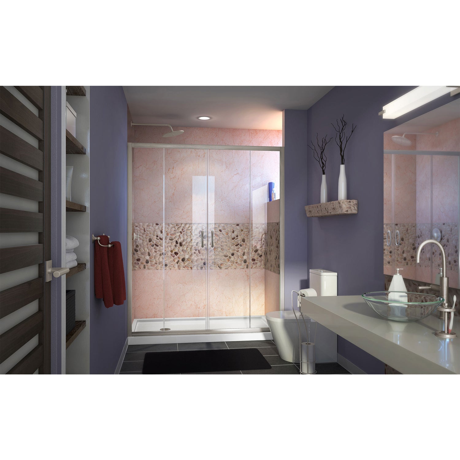 DreamLine Visions 34 in. D x 60 in. W x 74 3/4 in. H Sliding Shower Door in Brushed Nickel with Left Drain White Shower Base