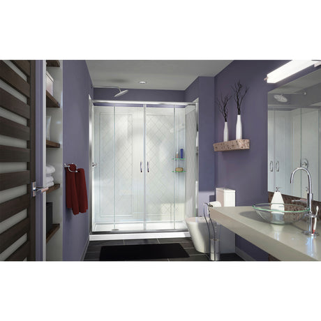 DreamLine Visions 34 in. D x 60 in. W x 76 3/4 in. H Sliding Shower Door in Chrome with Left Drain White Base, Wall Kit