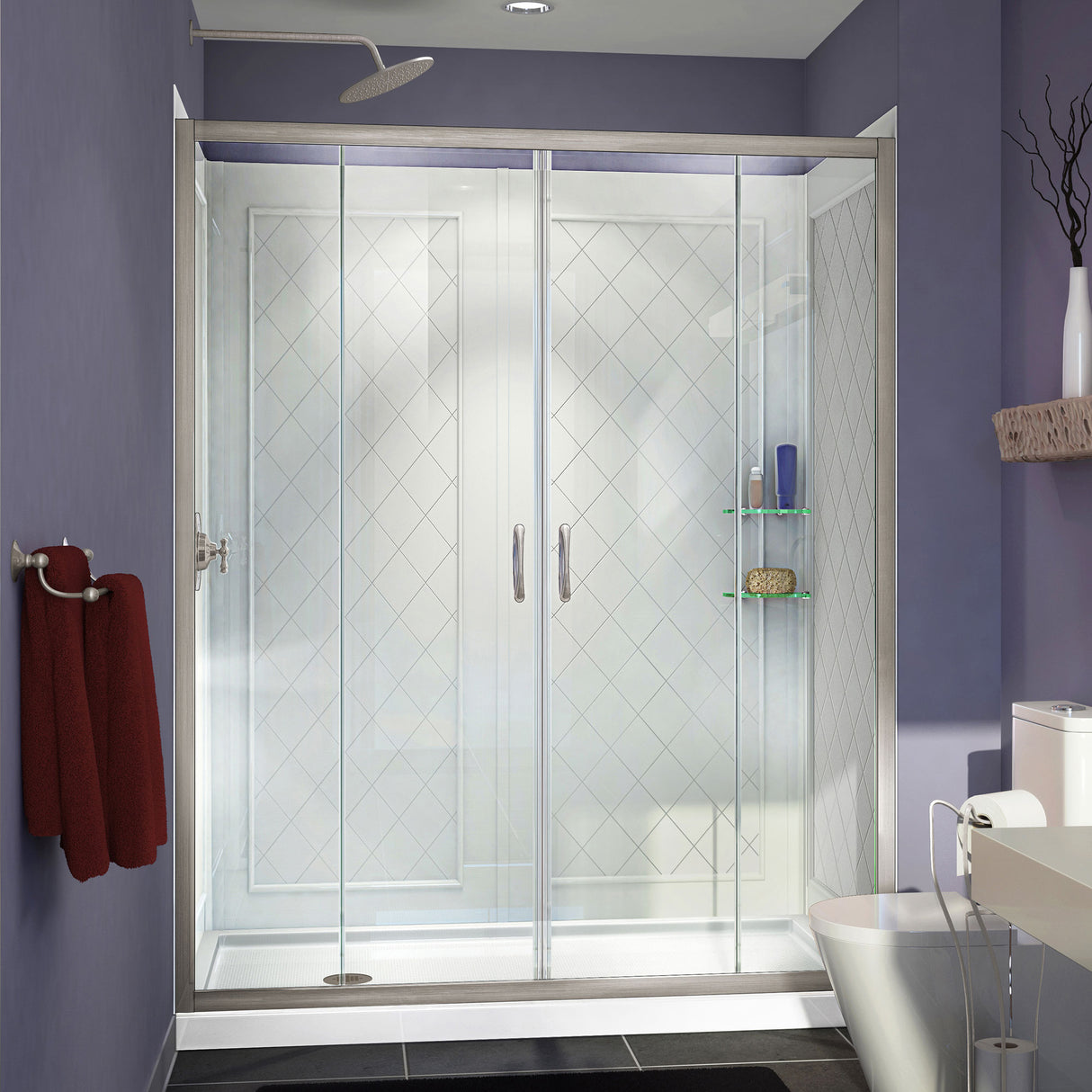 DreamLine Visions 30 in. D x 60 in. W x 76 3/4 in. H Sliding Shower Door in Brushed Nickel with Left Drain White Base, Wall Kit