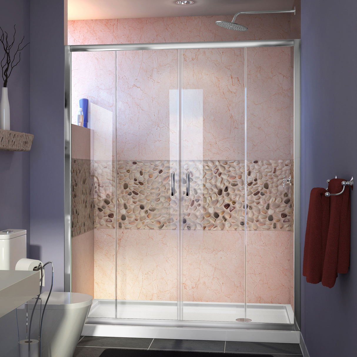 DreamLine Visions 30 in. D x 60 in. W x 74 3/4 in. H Sliding Shower Door in Chrome with Right Drain White Shower Base