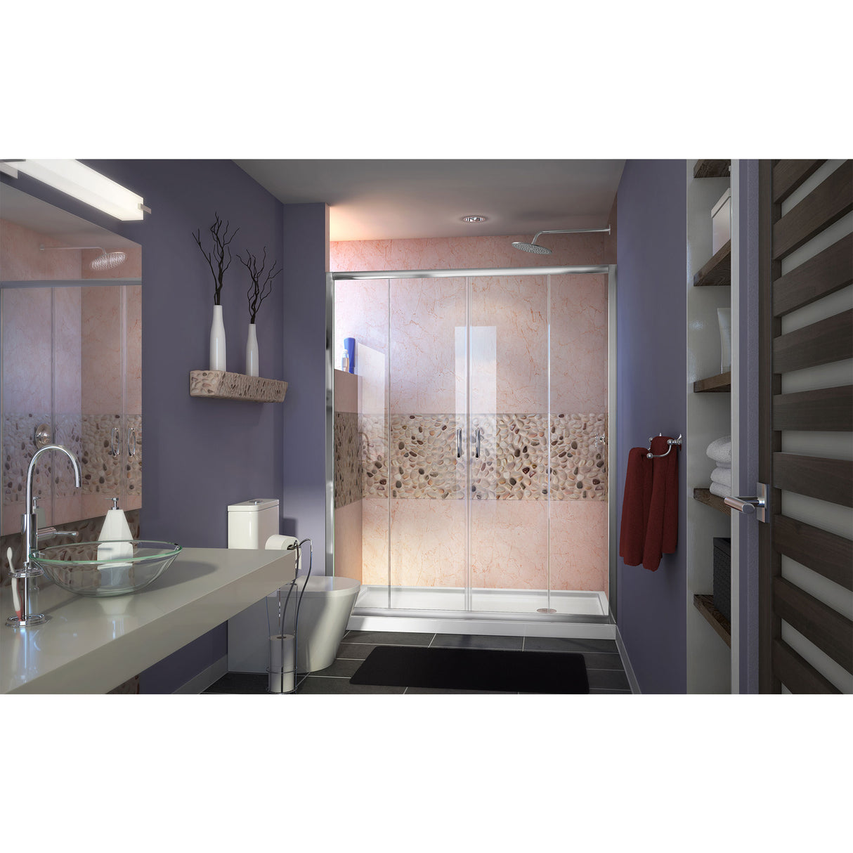 DreamLine Visions 32 in. D x 60 in. W x 74 3/4 in. H Sliding Shower Door in Chrome with Right Drain White Shower Base