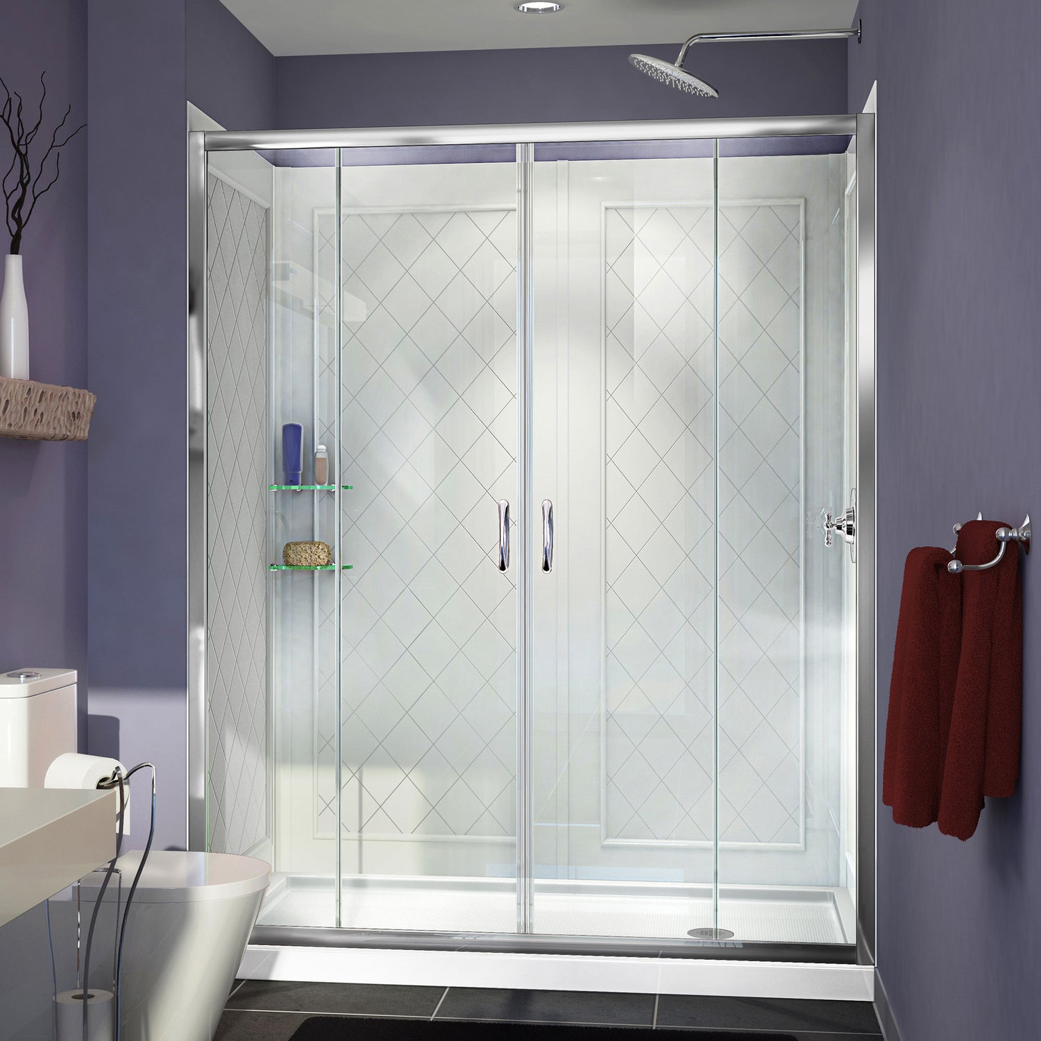 DreamLine Visions 34 in. D x 60 in. W x 76 3/4 in. H Sliding Shower Door in Chrome with Right Drain White Base, Wall Kit