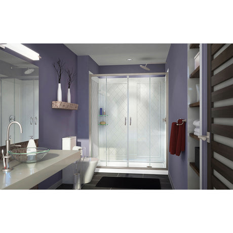 DreamLine Visions 34 in. D x 60 in. W x 76 3/4 in. H Sliding Shower Door in Brushed Nickel with Right Drain White Base, Wall Kit