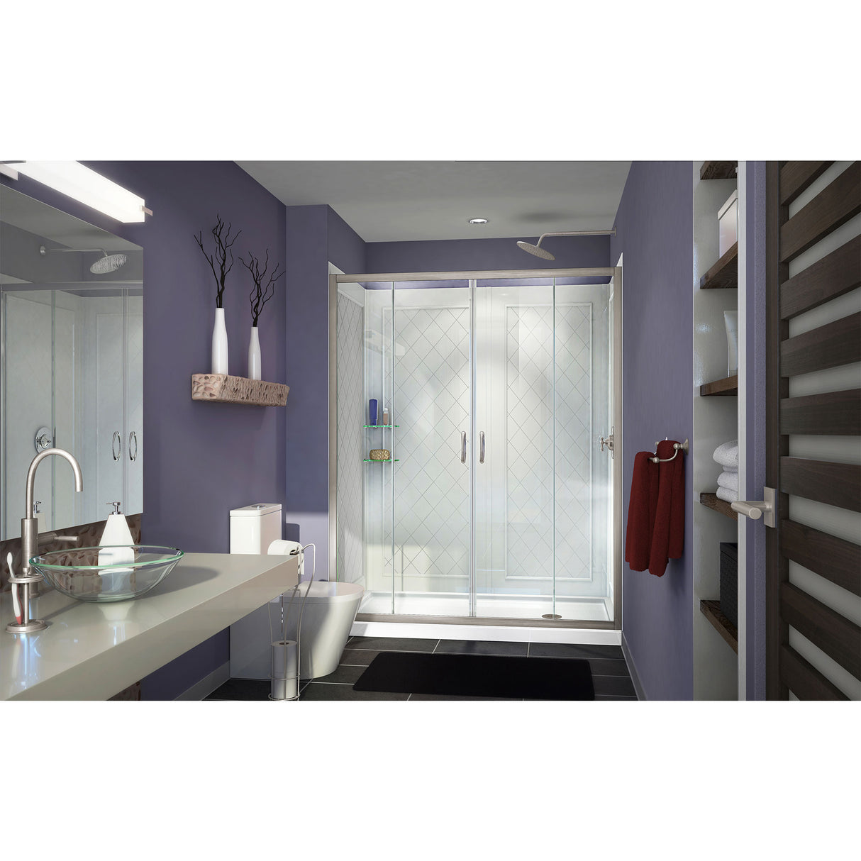 DreamLine Visions 30 in. D x 60 in. W x 76 3/4 in. H Sliding Shower Door in Brushed Nickel with Right Drain White Base, Wall Kit