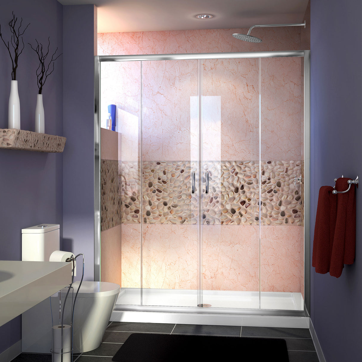 DreamLine Visions 34 in. D x 60 in. W x 74 3/4 in. H Sliding Shower Door in Chrome with Center Drain White Shower Base