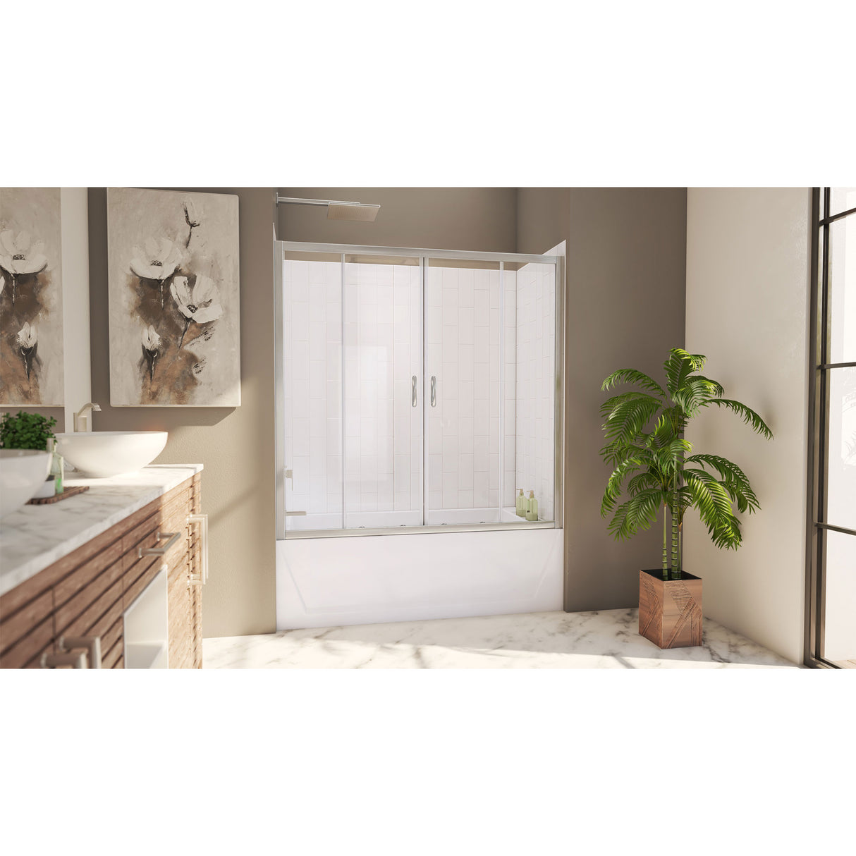 DreamLine Visions 56-60 in. W x 60 in. H Sliding Tub Door and White Wall Kit in Brushed Nickel