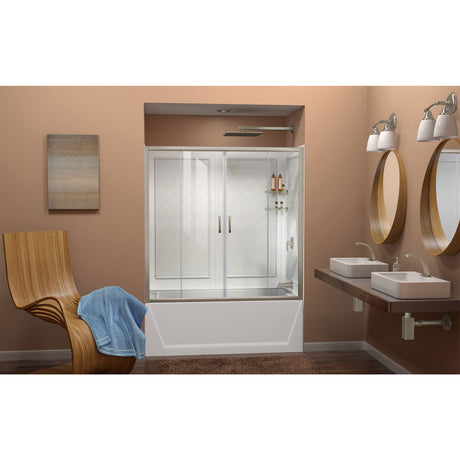 DreamLine Visions 56-60 in. W x 60 in. H Semi-Frameless Sliding Tub Door in Brushed Nickel with White Acrylic Wall Kit