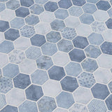 Vista azul hexagon 11.02X12.76 glass mesh mounted mosaic tile SMOT GLS VISAZU6MM product shot multiple tiles angle view