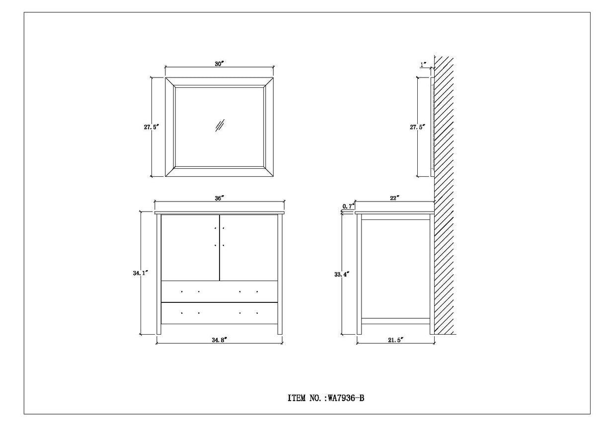 Legion Furniture 36" SOLID WOOD SINK VANITY WITH MIRROR-NO FAUCET  WA7936-B