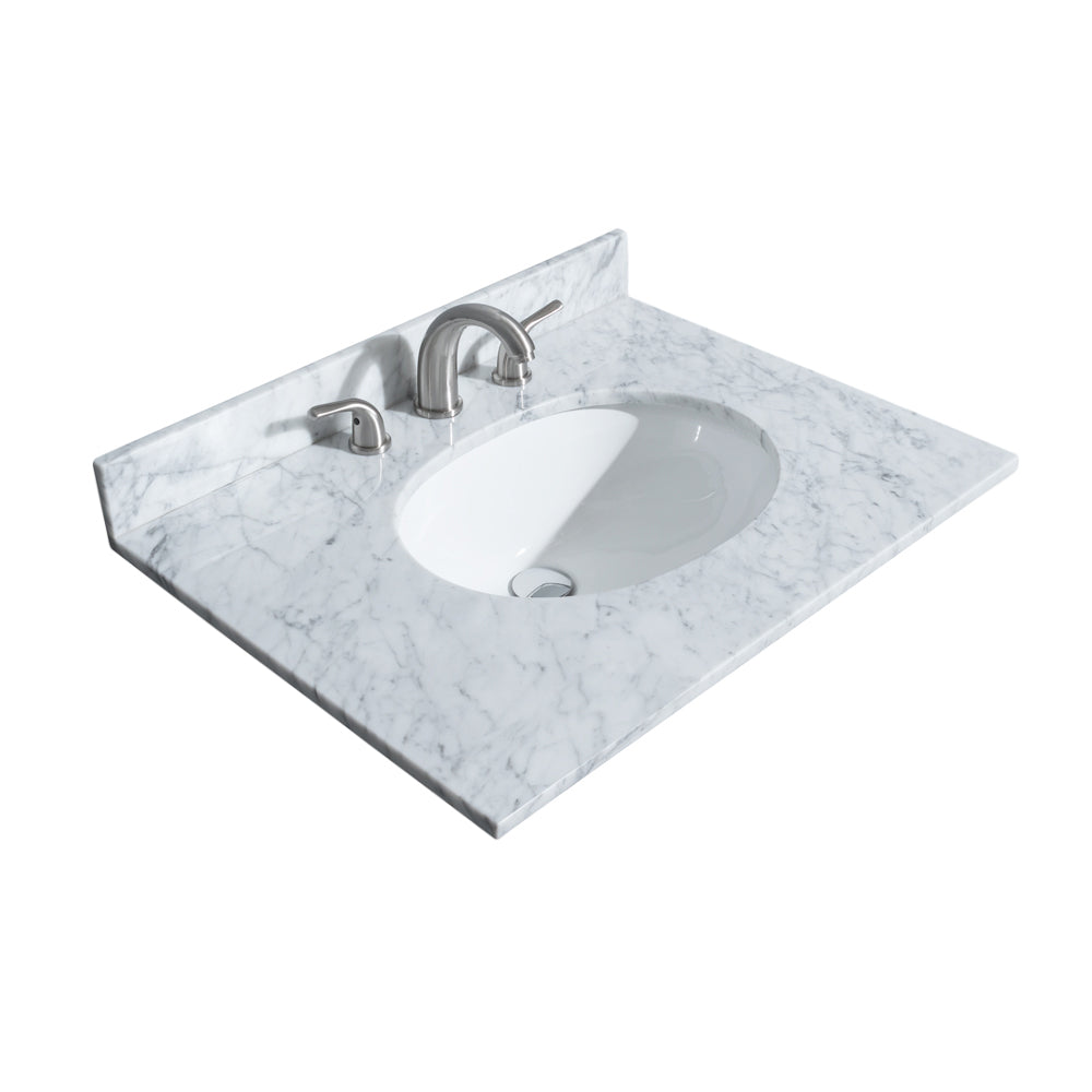 Sheffield 30 inch Single Bathroom Vanity in Light Green White Carrara Marble Countertop Undermount Oval Sink Brushed Nickel Trim 24 inch Mirror