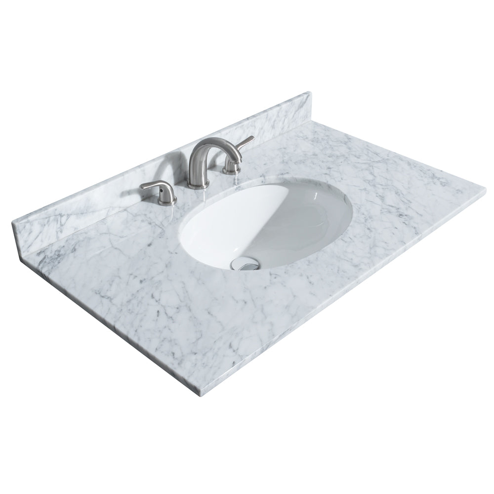 Sheffield 36 inch Single Bathroom Vanity in Light Green White Carrara Marble Countertop Undermount Oval Sink Brushed Nickel Trim 24 inch Mirror