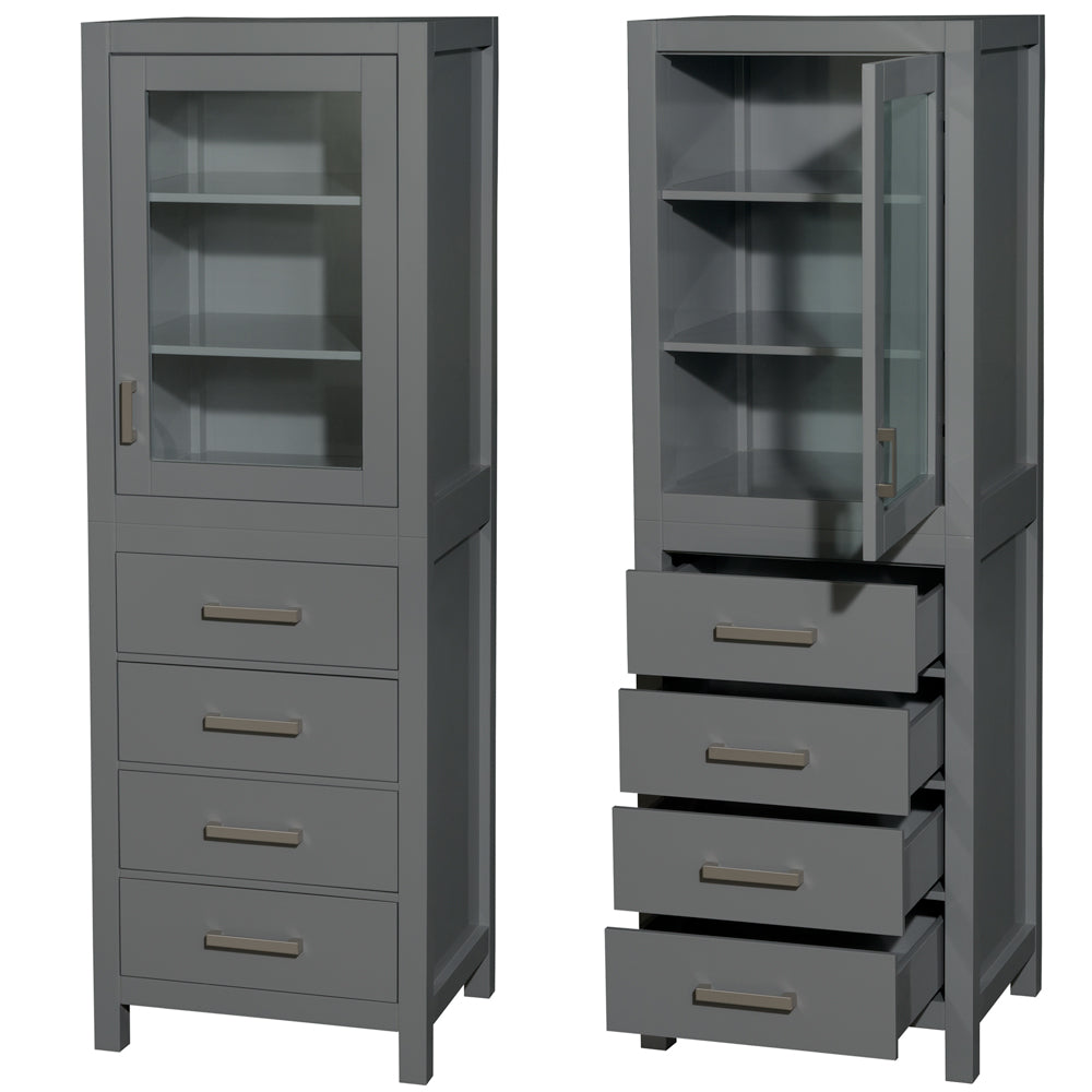 Sheffield 24 Inch Linen Tower in Dark Gray with Shelved Cabinet Storage and 4 Drawers